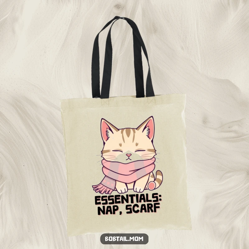 Funny bobtail cat in a scarf, napping peacefully, on a functional and charming tote bag.