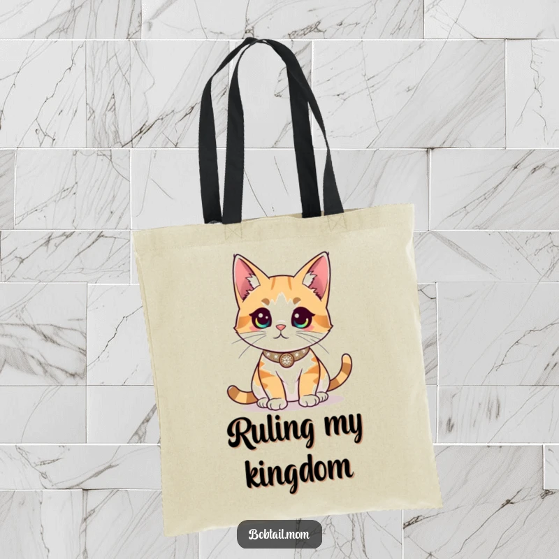 Funny Bobtail cat wearing a sparkly collar, surveying the room with authority, making this tote bag a glamorous and humorous accessory.