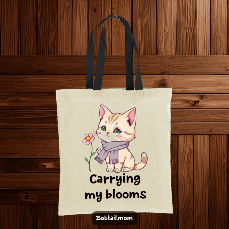 Funny Bobtail Cat Tote Bag: A bobtail cat in a delicate scarf looks admiringly at a single flower.