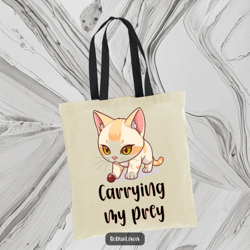 Funny Bobtail Cat Tote Bag showcasing a determined Bobtail cat on the hunt, ready for any task with stealth and style.