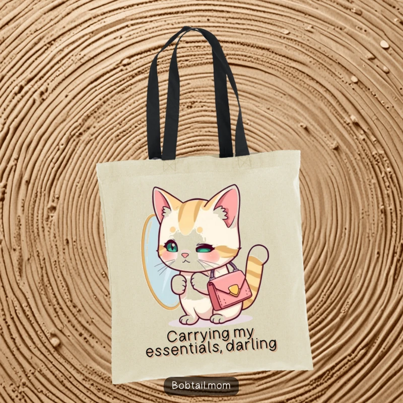 Funny Bobtail cat with a tiny purse looking at its reflection. A humorous tote bag for stylish cat lovers, a wonderful gift.