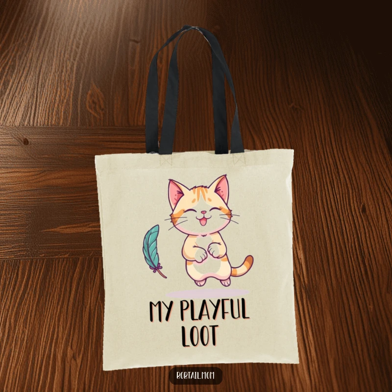 Funny Bobtail cat tote bag illustrating a playful leap after a feather toy, a charming and functional accessory.